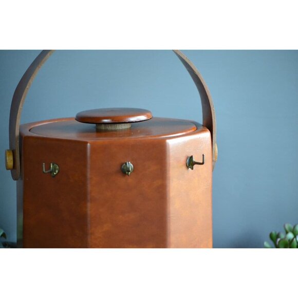 Ice Bucket Utensil Hooks Octagonal Tan Leatherette Vegan Leather mad men barware - Picture 2 of 5